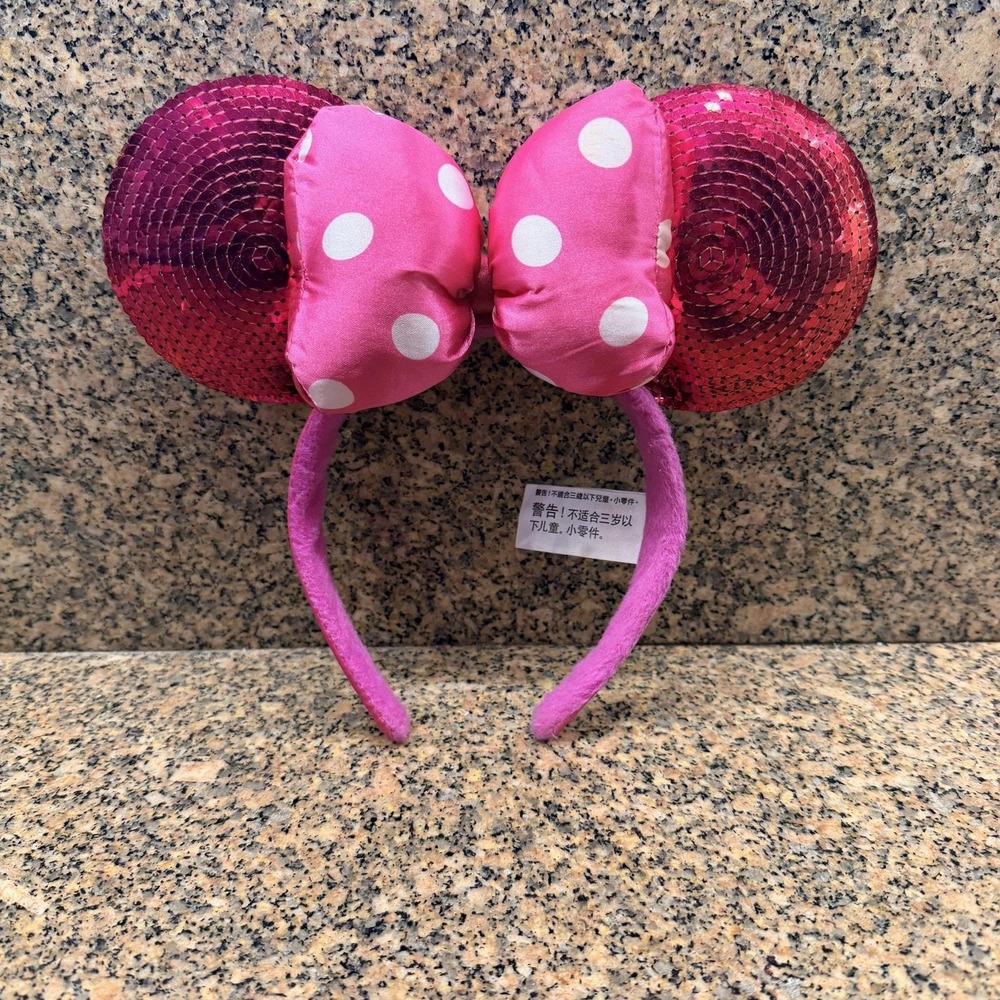 Disney Parks Minnie Mouse Pink Sequin Ear Headband Polka Dot Bow Ears Hat